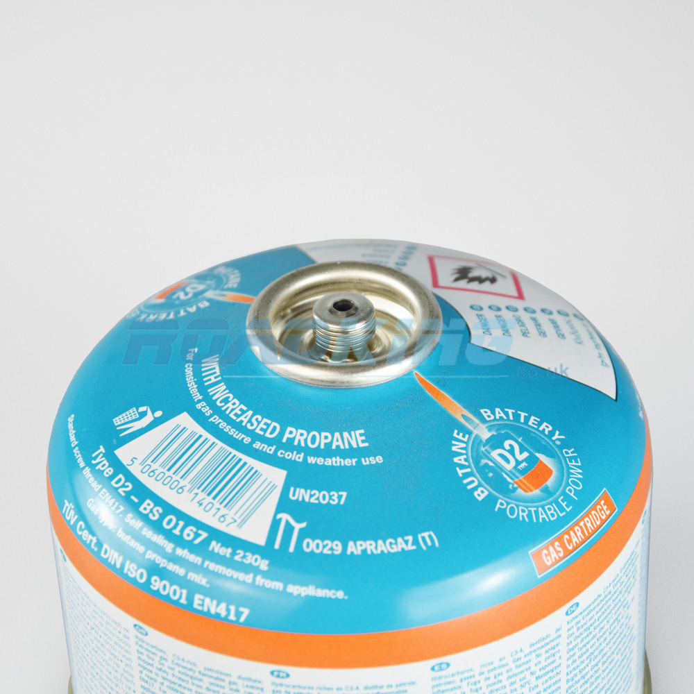 Gas Cartridge D2 Butane Battery EN417 Screw Top 230g ROADKING.co.uk